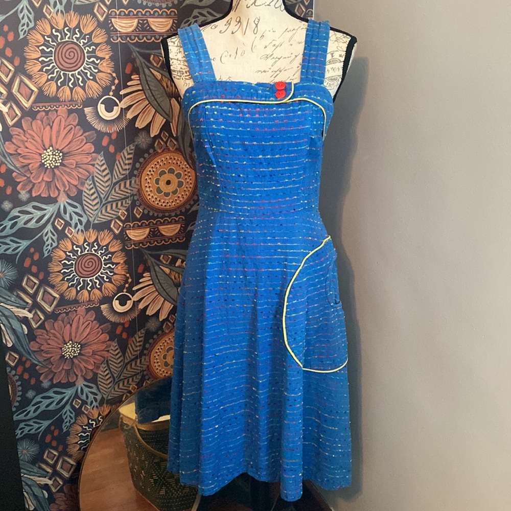 Blue Sleeveless Midi Dress with Contrast Piping 100% Cotton